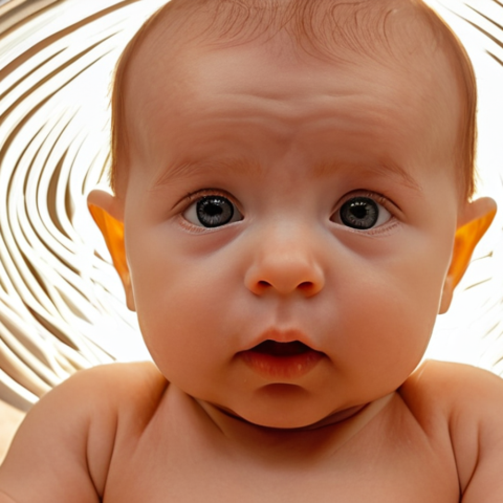 **Prompt 1: Cognitive Development through Music**
    A serene close-up of a baby (3-6 months old) with wide, engaged eyes, listening intently to soft, harmonious music. Around the baby's head, subtle, abstract glowing lines or shimmering patterns represent neural pathways and brain activity, symbolizing the formation of "neural highways" for language, motor skills, and logical thinking. The background is blurred and warm, suggesting a nurturing home environment. The overall mood is one of quiet wonder and profound early learning.