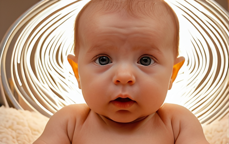 **Prompt 1: Cognitive Development through Music**
A serene close-up of a baby (3-6 months old) with wide, engaged eyes, listening intently to soft, harmonious music. Around the baby's head, subtle, abstract glowing lines or shimmering patterns represent neural pathways and brain activity, symbolizing the formation of "neural highways" for language, motor skills, and logical thinking. The background is blurred and warm, suggesting a nurturing home environment. The overall mood is one of quiet wonder and profound early learning.