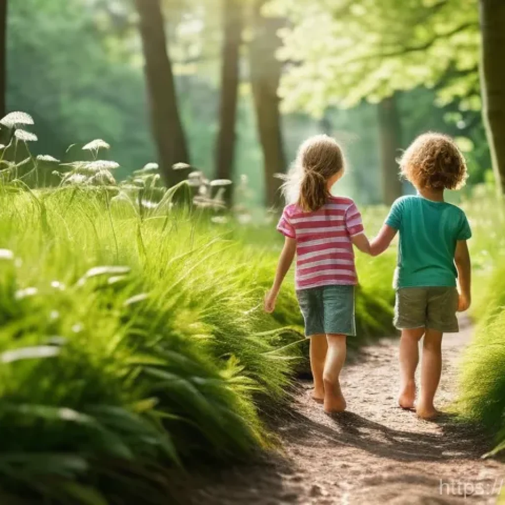 감각 발달 촉진 놀이 - **Nature's Barefoot Path Adventure:**
A vibrant, sun-drenched image of two children, one boy and...