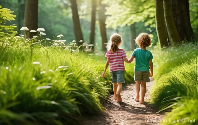 감각 발달 촉진 놀이 - **Nature's Barefoot Path Adventure:**
    A vibrant, sun-drenched image of two children, one boy and...