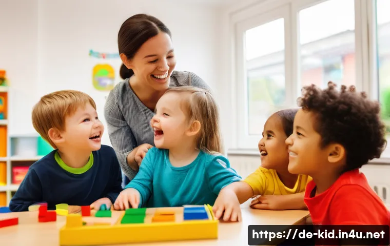 장애 유아 통합 교육 - **Prompt:** A vibrant group of diverse children, aged 3-6, joyfully engaged in collaborative play wi...