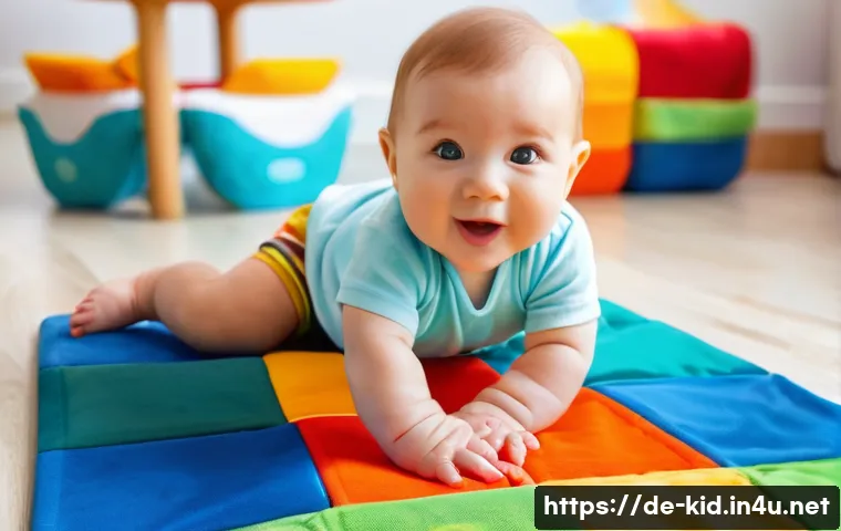영유아 성장 발달 단계 - **Motor Skills and Sensory Exploration:** A cheerful 9-month-old baby, wearing a clean, brightly col...
