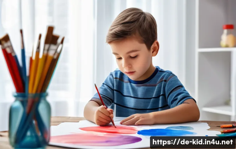 아동 미술 심리 분석 - A child’s colorful drawing filled with large, bold red and blue shapes on white paper, showing energ...