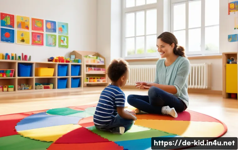 아동 관찰 및 평가 방법 - A warm and engaging kindergarten classroom scene showing a female early childhood educator participa...