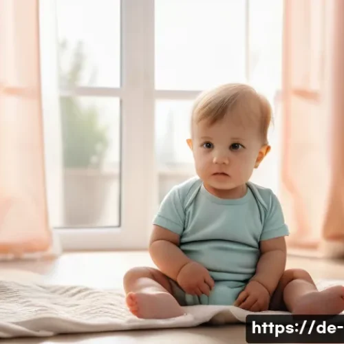 영유아 스트레스 대처법 - A tender scene of a German toddler wearing a cozy diaper, sitting quietly on a soft blanket in a sun...