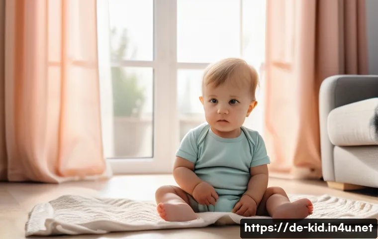 영유아 스트레스 대처법 - A tender scene of a German toddler wearing a cozy diaper, sitting quietly on a soft blanket in a sun...