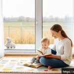 영유아 그림책 활용법 - A cozy and warm German family living room scene showing a mother and her toddler sitting together on...