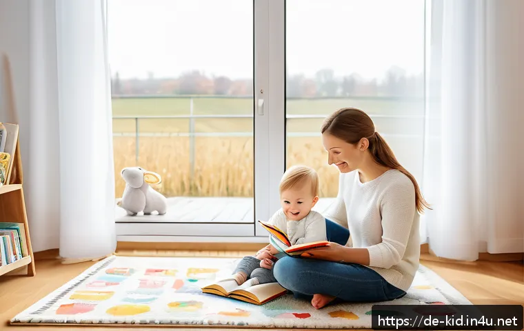 영유아 그림책 활용법 - A cozy and warm German family living room scene showing a mother and her toddler sitting together on...