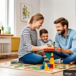 놀이를 통한 학습 - A cozy family living room scene in a modern German apartment, featuring a diverse family of four&mdash;par...