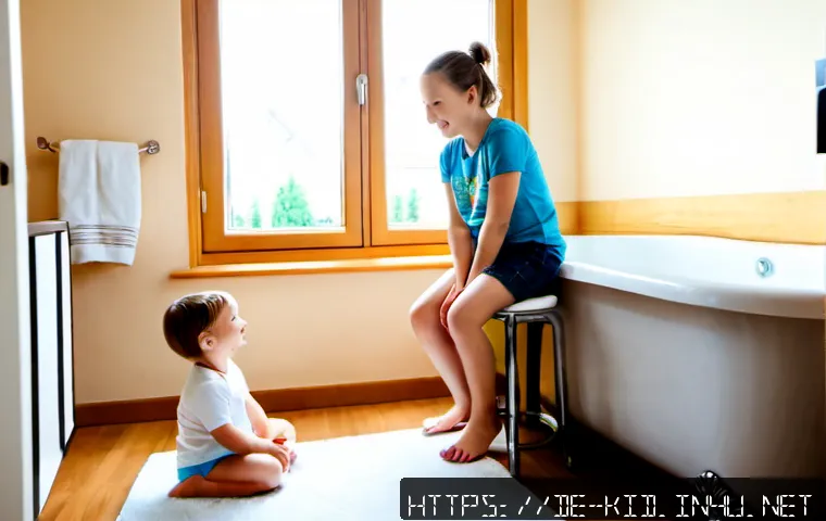 유아기 대소변 훈련 - Photorealistic cozy German family bathroom during daytime, a fully clothed toddler wearing a clean d...
