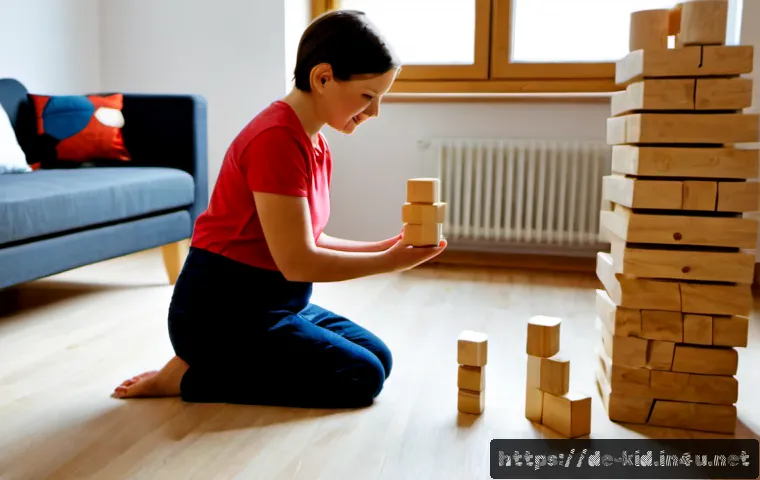Home 30 양육 태도와 아이의 성격 - Photorealistic warm family scene in a bright German apartment, a calm mother kneeling at eye level a...