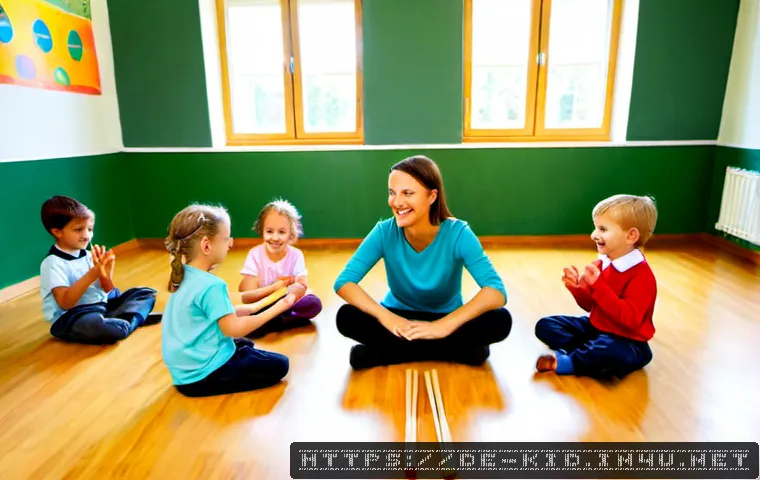Home 17 음률 놀이와 음악 감각 - Photorealistic German kindergarten music activity, a cheerful teacher guiding a small group of fully...
